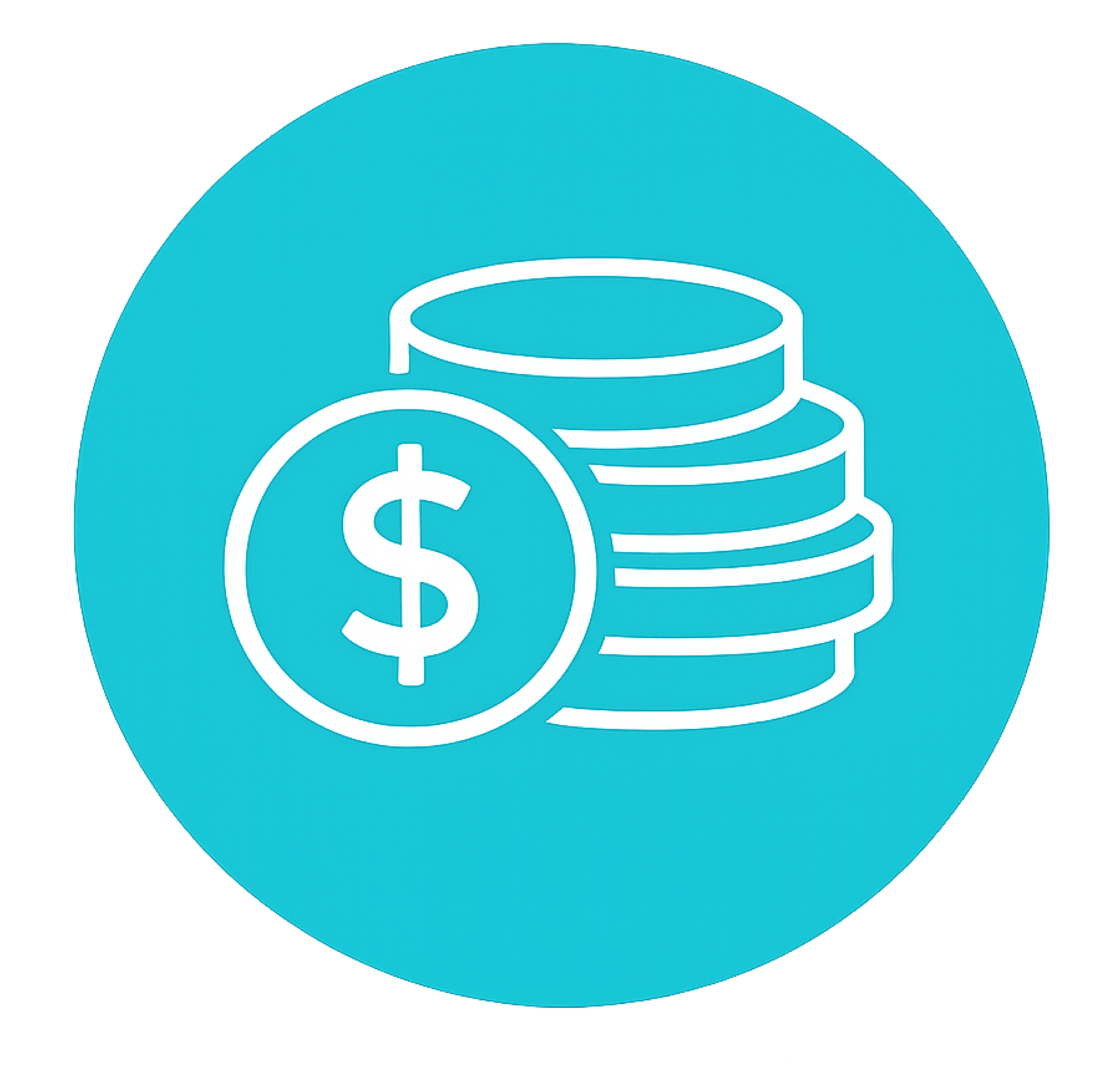 Icon of a blue circle with coins and a dollar sign inside.