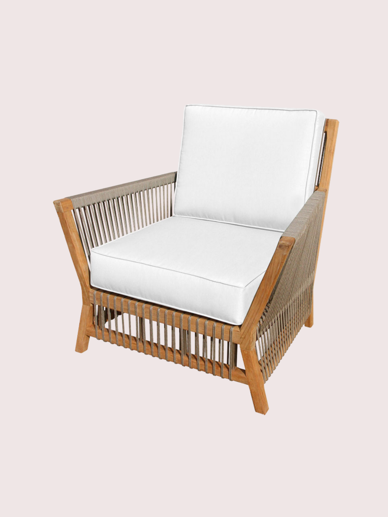 A wooden armchair with a slatted design, white cushions, and a beige fabric armrest cover.