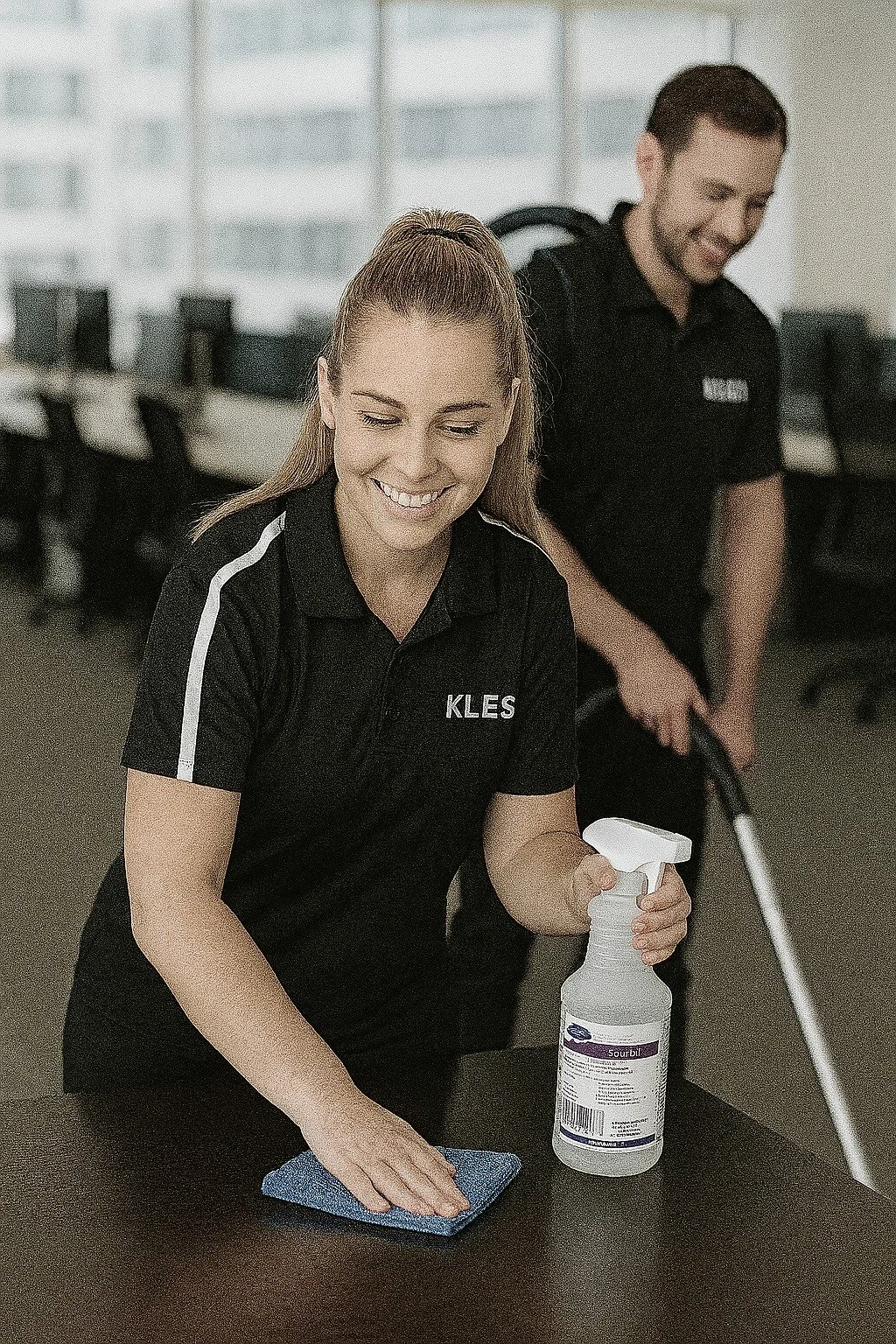 KLES commercial office cleaning Perth – professional in-house cleaners sanitizing office desks and workstations, no subcontractors.