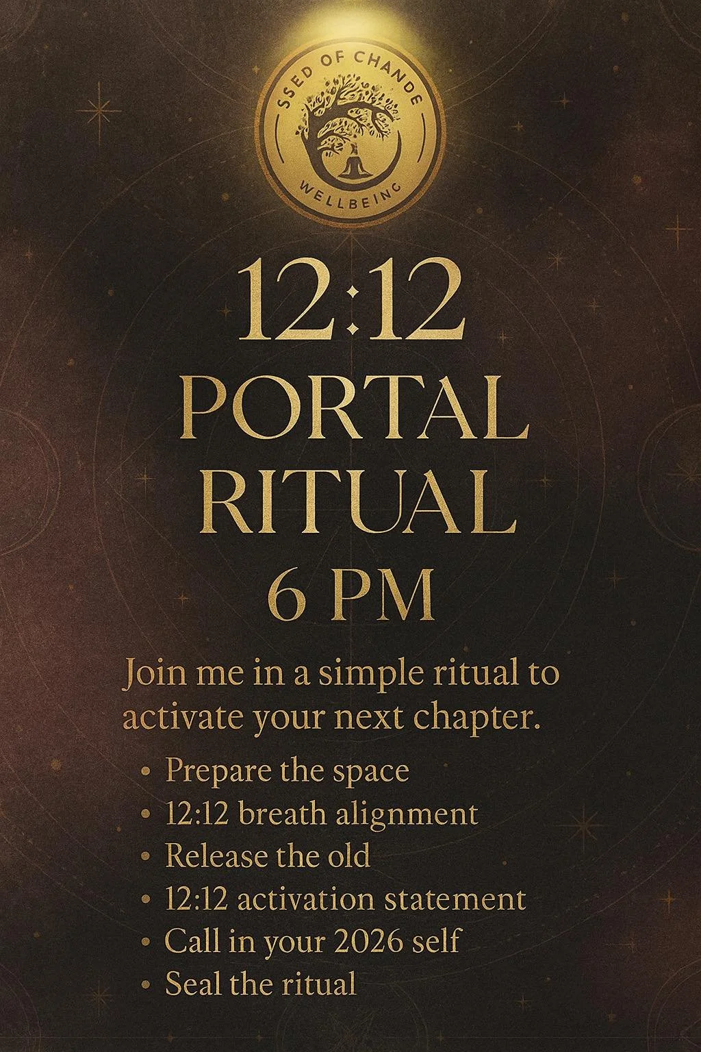 🔮 12:12 PORTAL RITUAL

If you&rsquo;re planning on joining me at 6pm here is the link for my FB  group- 

https://www.facebook.com/share/g/1AaLPTLqFx/?mibextid=wwXIfr

🕯 1. Prepare Your Space (5 mins)

&bull; Light a candle (white or gold)

&bull; 