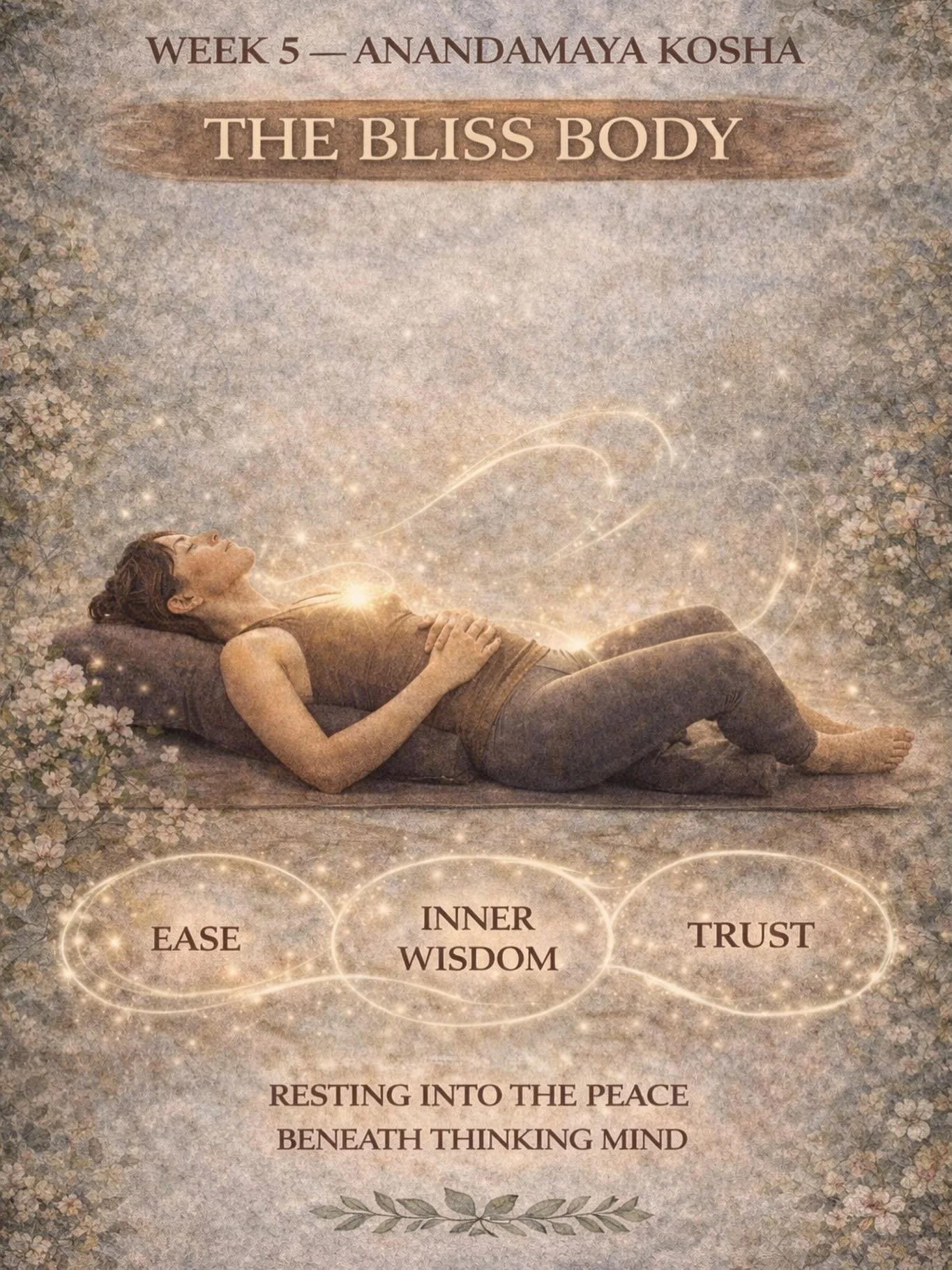 🌿 Week 5 &mdash; Anandamaya Kosha 🌿
The Bliss Body

This week in yoga we arrive at the final layer of the kosha journey &mdash; the layer of quiet peace beneath effort.

Anandamaya Kosha isn&rsquo;t about chasing happiness.
It&rsquo;s the gentle se