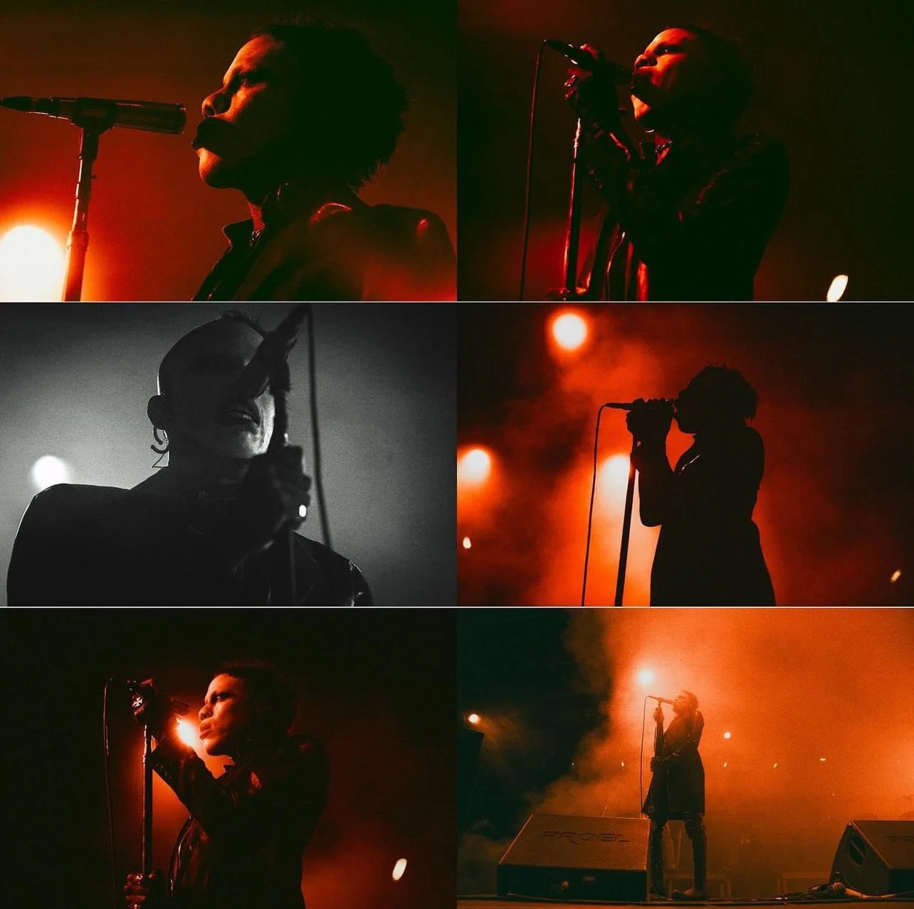 A collage of six photos showing a female singer performing on stage with a microphone, illuminated by red and orange stage lights, with some images in black and white, emphasizing her expressive poses and the mood of the performance.