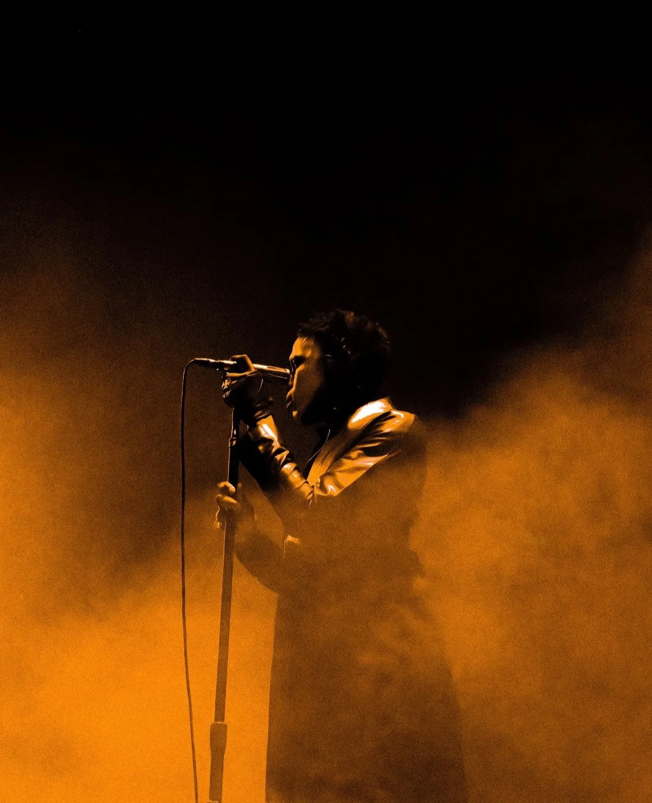 A singer performing on stage, holding a microphone, with orange stage lighting and fog.