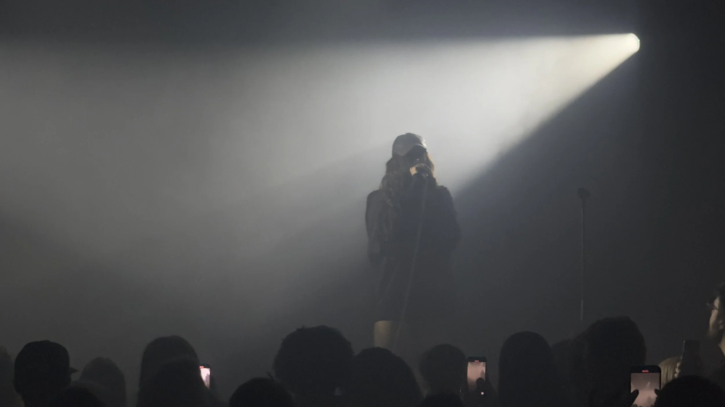 A woman with long hair wearing a cap and sunglasses performs on stage with a microphone, backlit by a bright spotlight in a dark, smoky environment, with audience members capturing the moment on their phones.