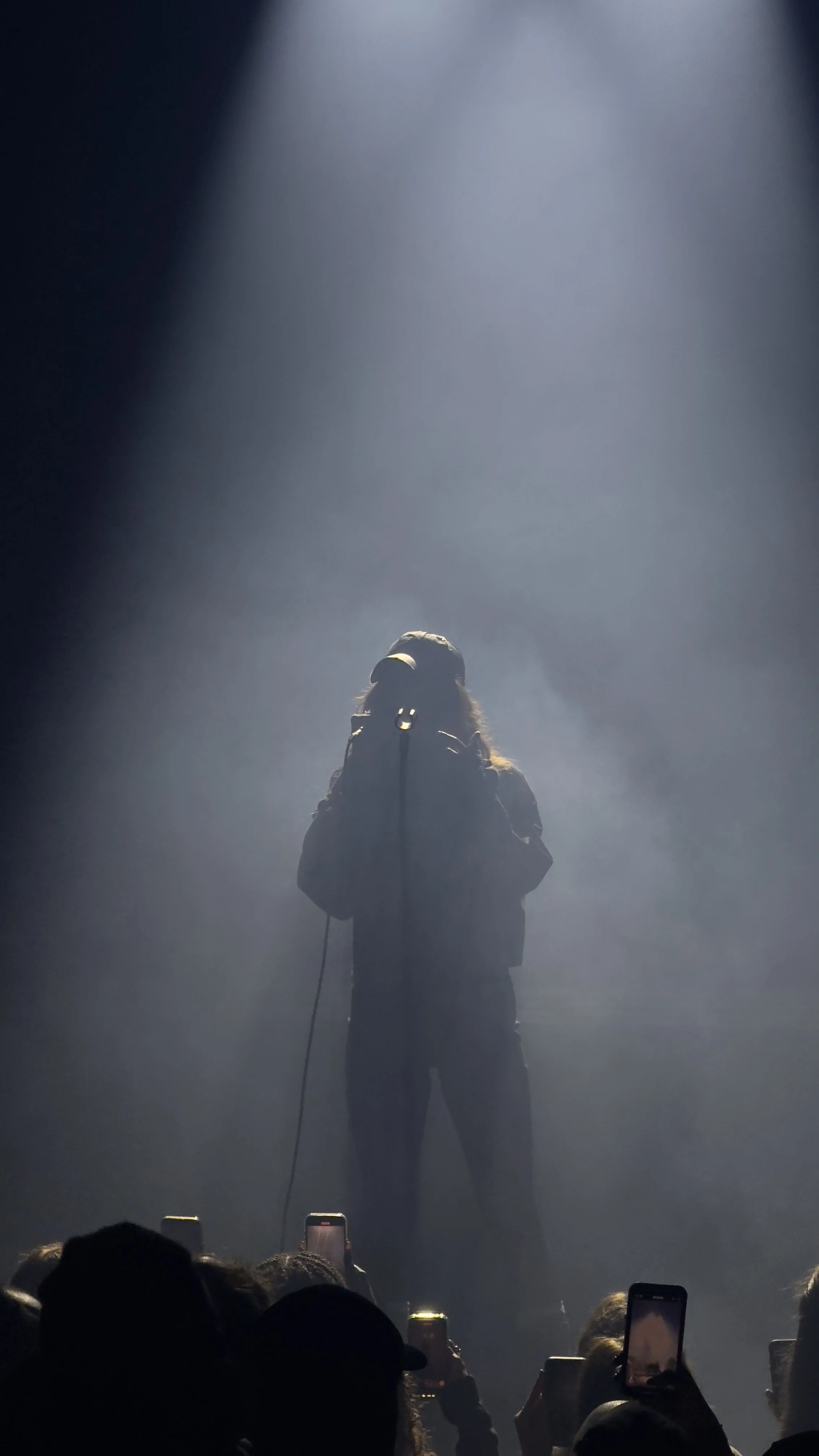 A person standing on a stage, illuminated by a bright spotlight, surrounded by smoke, with an audience taking pictures.