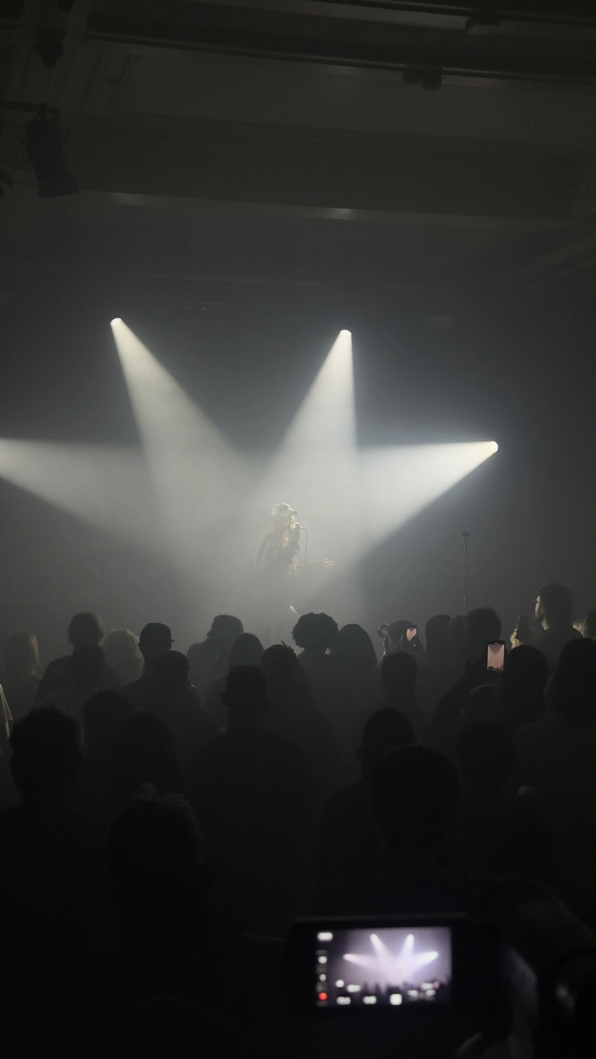 A person performing on stage under spotlights in front of a crowd at a concert or event.