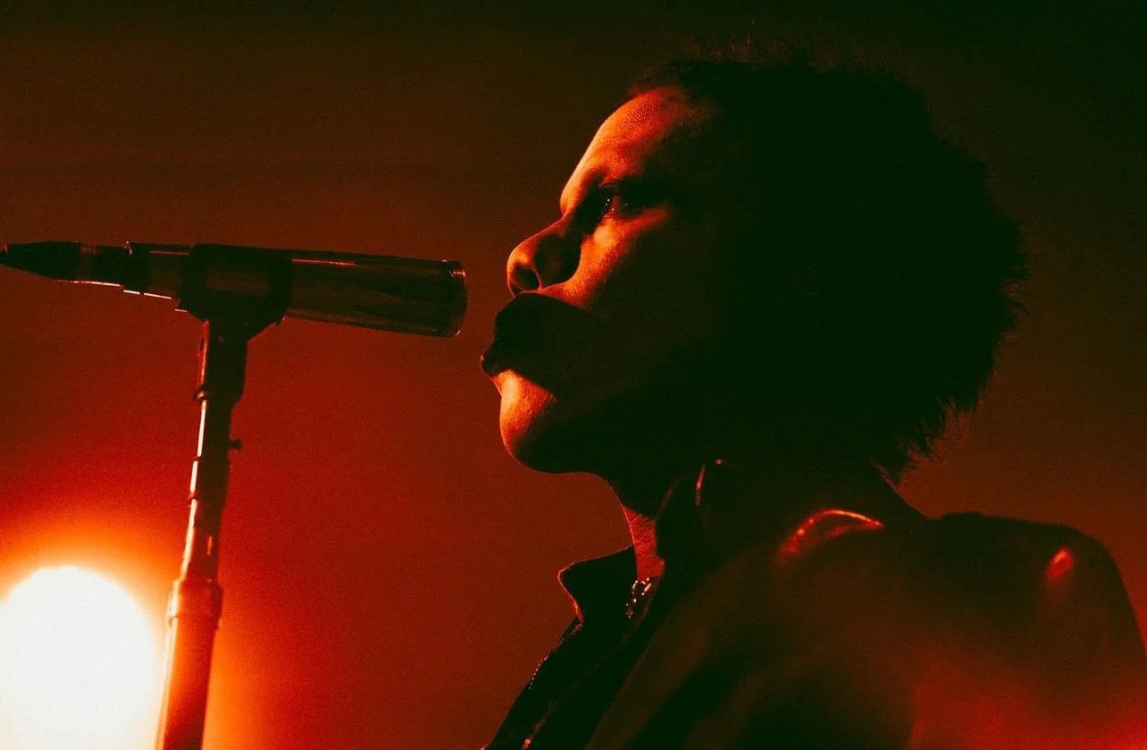 A person with an afro hairstyle performs on stage, speaking into a microphone with a reddish stage light illuminating the scene.