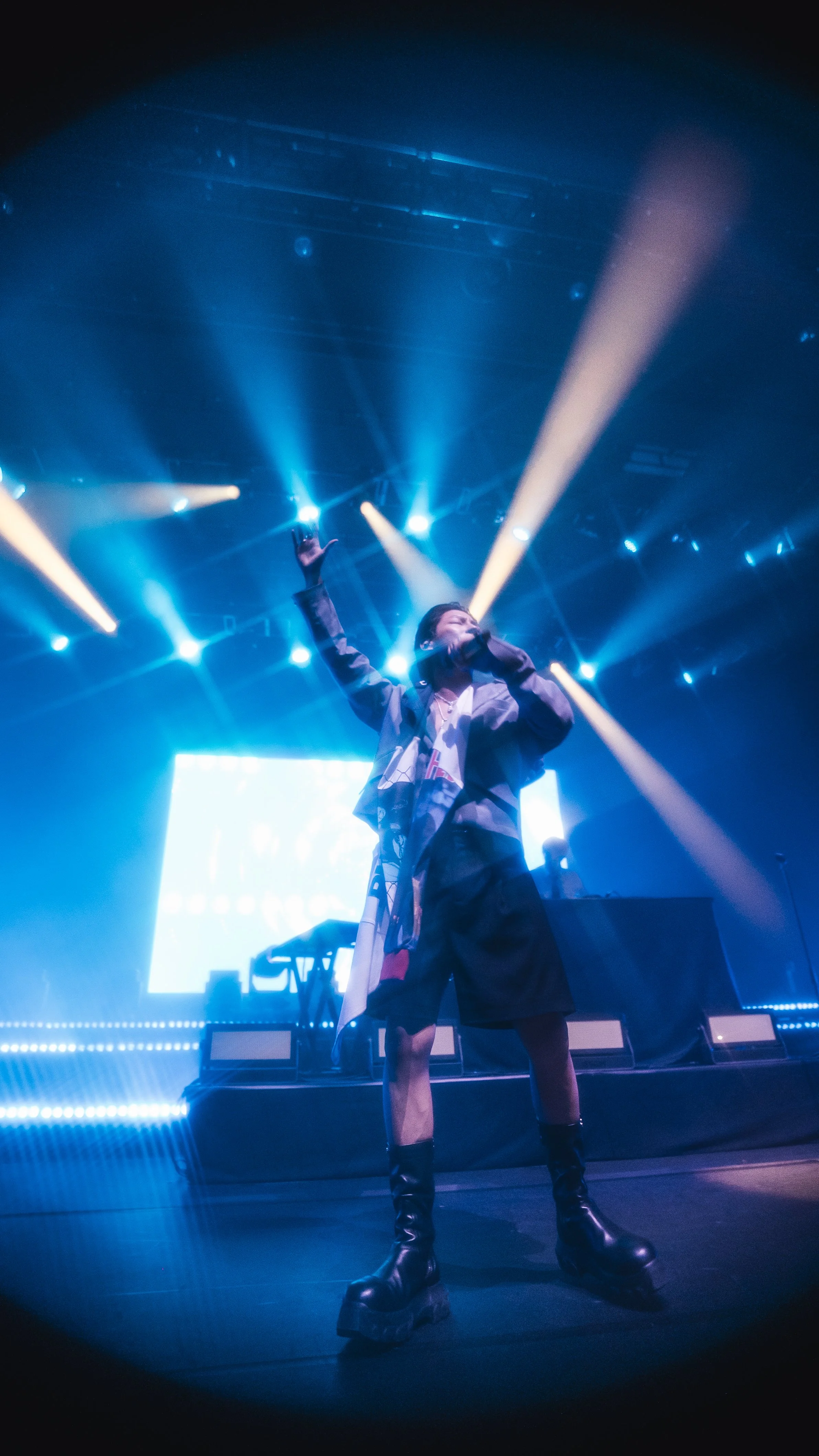 Performer singing on stage with colorful lights and fog at a concert.