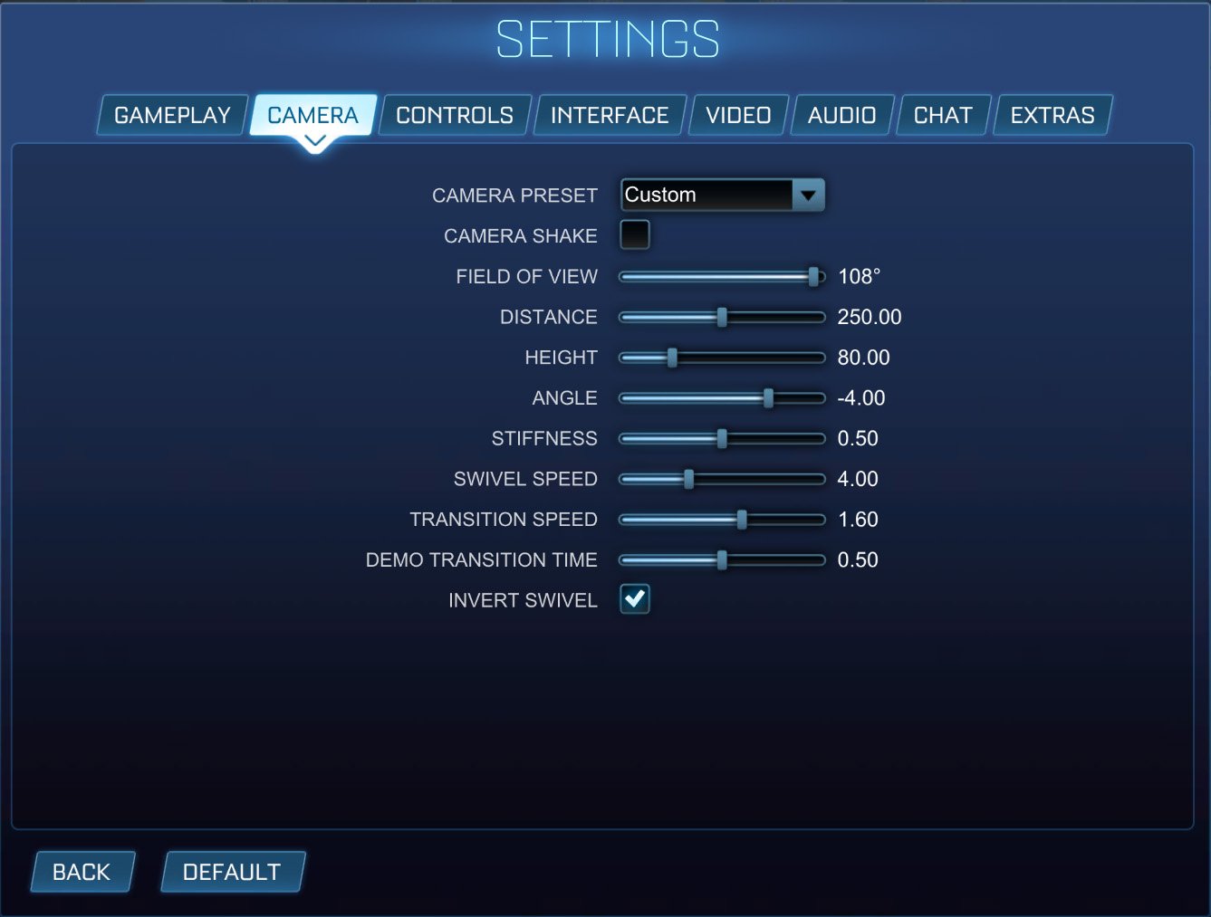 jzr rocket league settings, camera settings