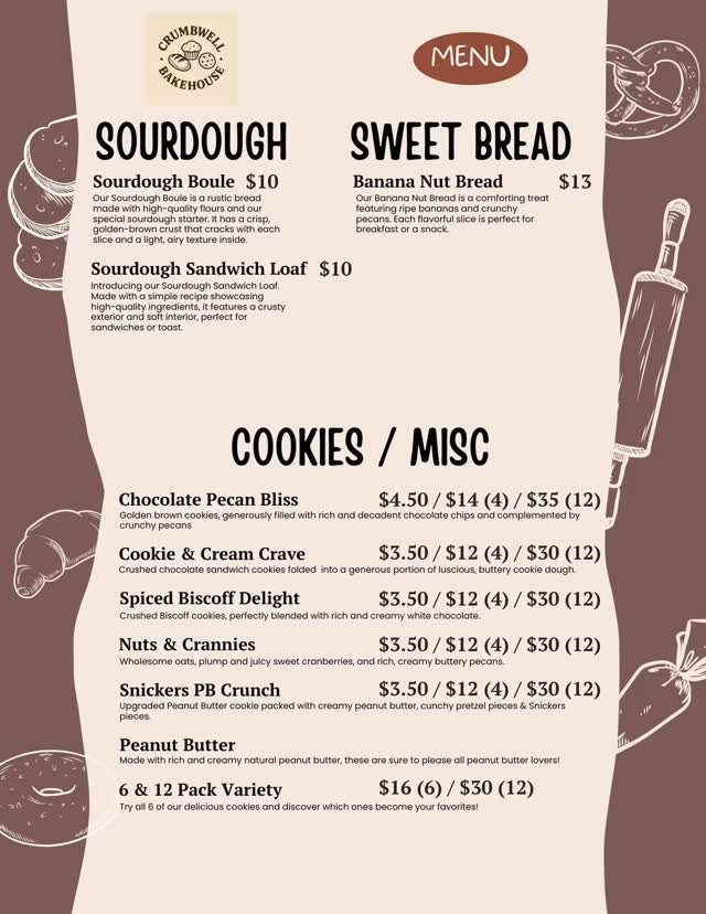 Current menu. New items will be added and switched out over time.
Porch pickup, local delivery and shipping options available!
#smallbusiness #cottagebakery #soughdough #homebakery #homebaker #gourmetcookies #guthealth
