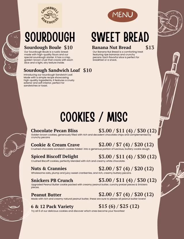 Price drop!!
Check out our updated menu!
You can see these updated/lower prices on our website!
www.crumbwellbakehouse.com
#SmallBusiness #cottagebakery #soughdough #homebakery #homebaker #gourmetcookies #guthealth #sweetbread