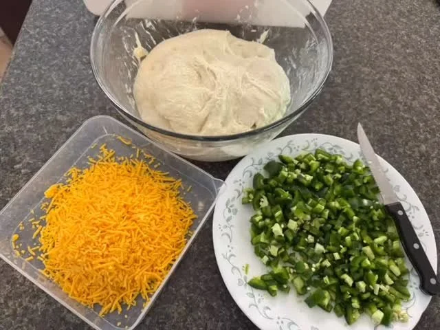 It’s DOUGH DAY!
Along with my awesome Classic Sourdough, I’m making a few extra Sourdough Jalapeño Cheddar boules/loaves this week. Working on both preorders and market menus. I love the color and bake of fresh jalapeño. Do