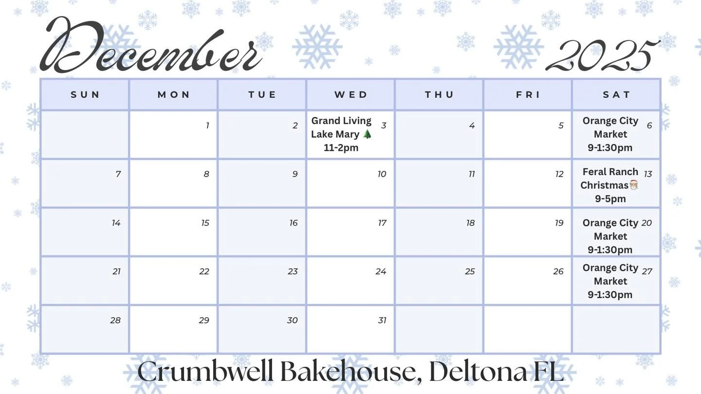 Our calendar so far for December!
Looking for at least one Sunday event. Stay tuned! All events are open to the public. Will I see you at one of these?

#SmallBusiness #cottagebakery #sourdough #homebakery #gourmetcookies #homebaker #guthealth #sweet