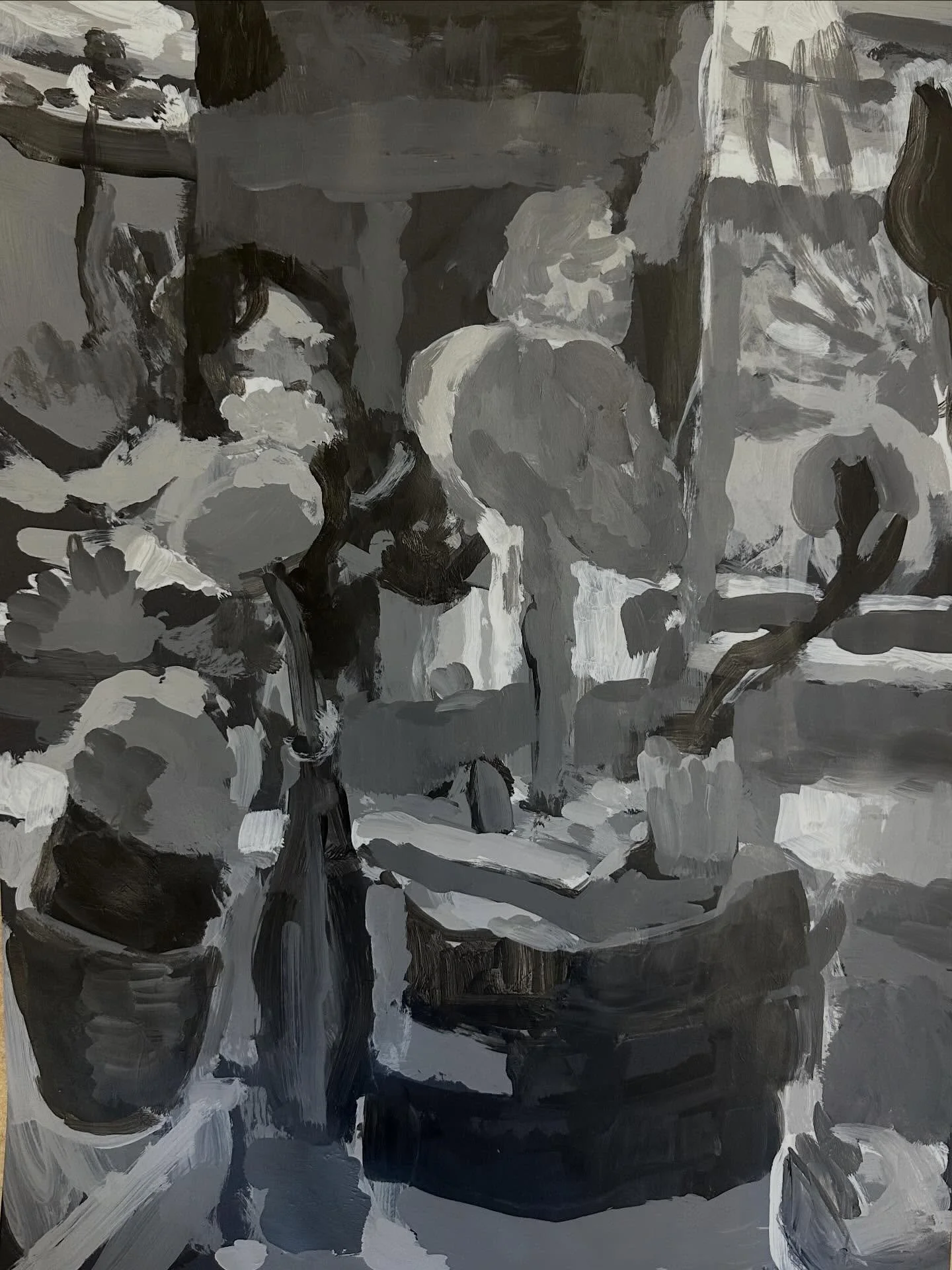 I continue : Blacks in whites. Whites in blacks.
And the whole world in between in a limited value range 

Working from perception &mdash;a skull, a mirror,a view, two figures in the mirror, buckets..
Layers within layers.Realities.Focus.Feeling ligh