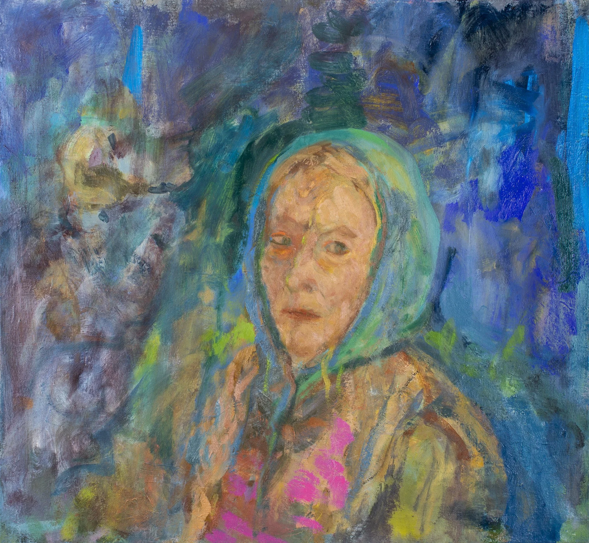 Painting: Self-portrait with hood 