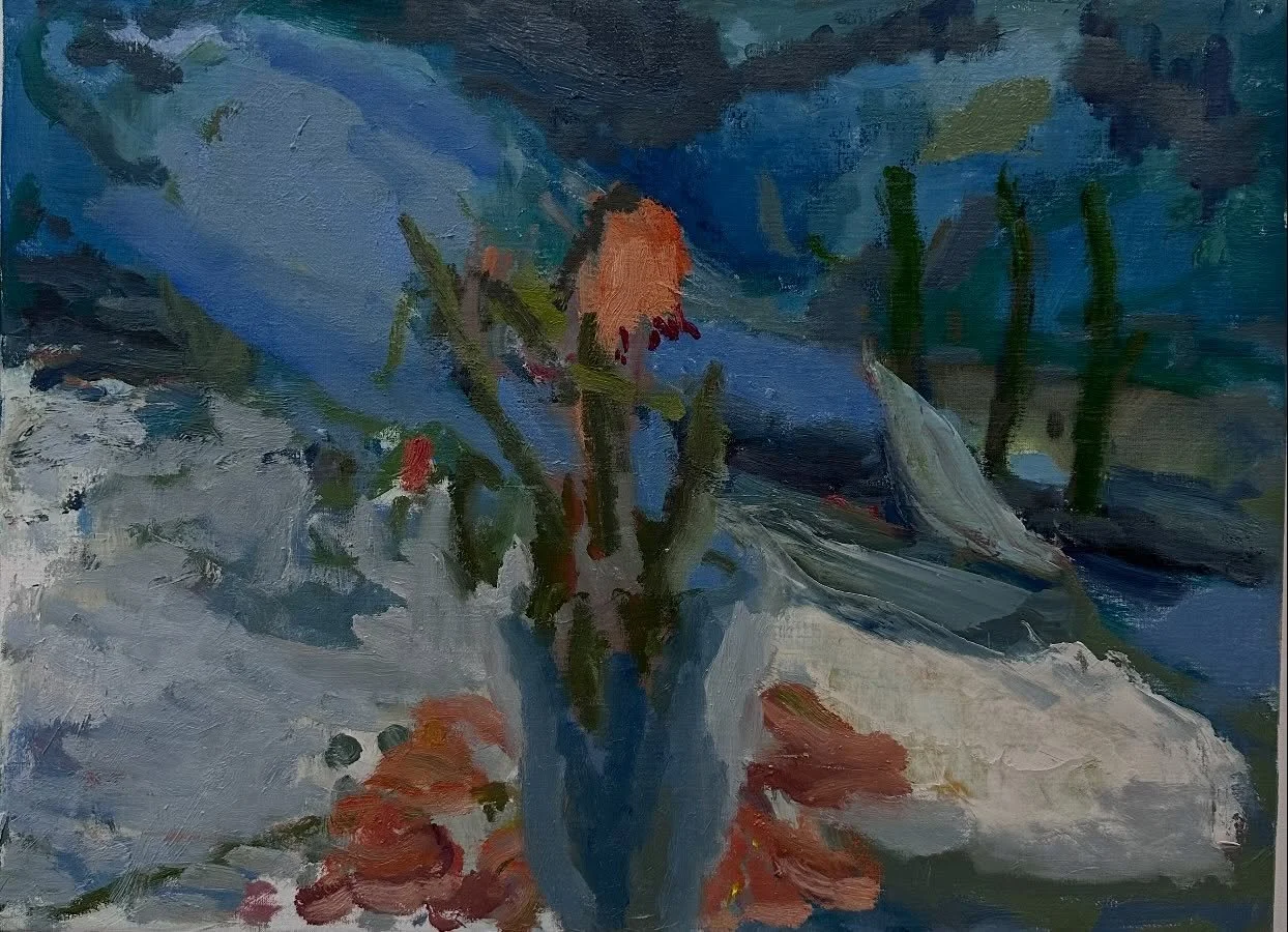 My mother passed away recently. I always brought her fresh flowers when she was getting weaker.
These flowers were given to me to cheer me up ,by a friend, at one of my Monday Drawing sessions.
I painted them as they were transforming  and dying. I n