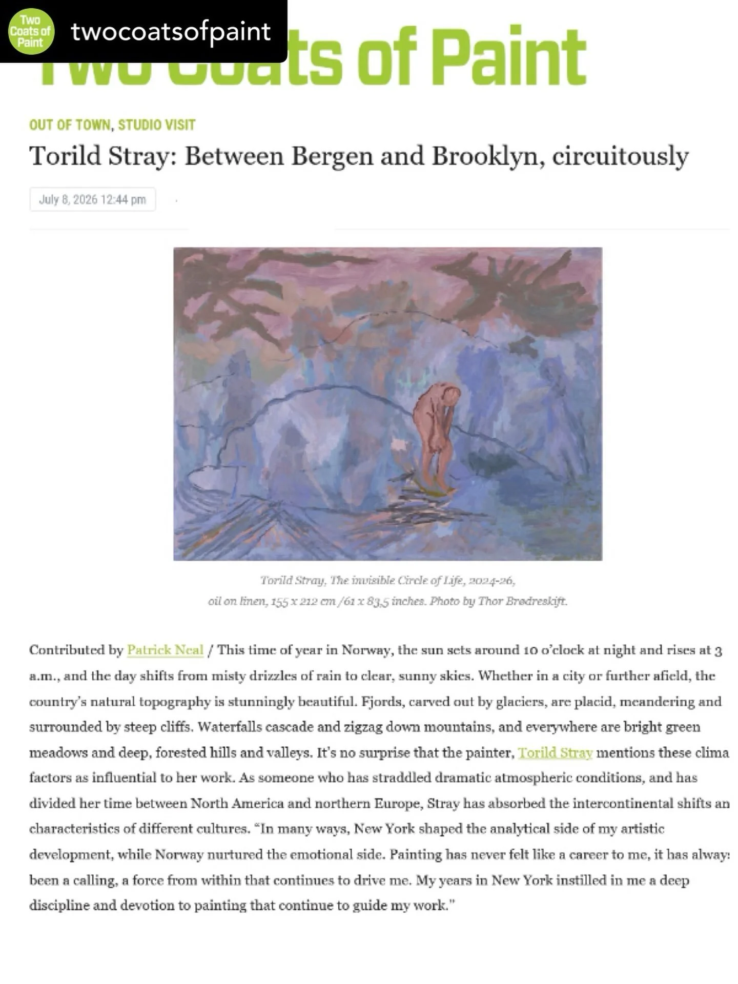Thank you for a great article &amp; studio visit  from Two Coats of Paint award-winning NYC blogazine dedicated to contemporary painting. 

🎨Thank you @nealpaintingnow 🎨Link in bio