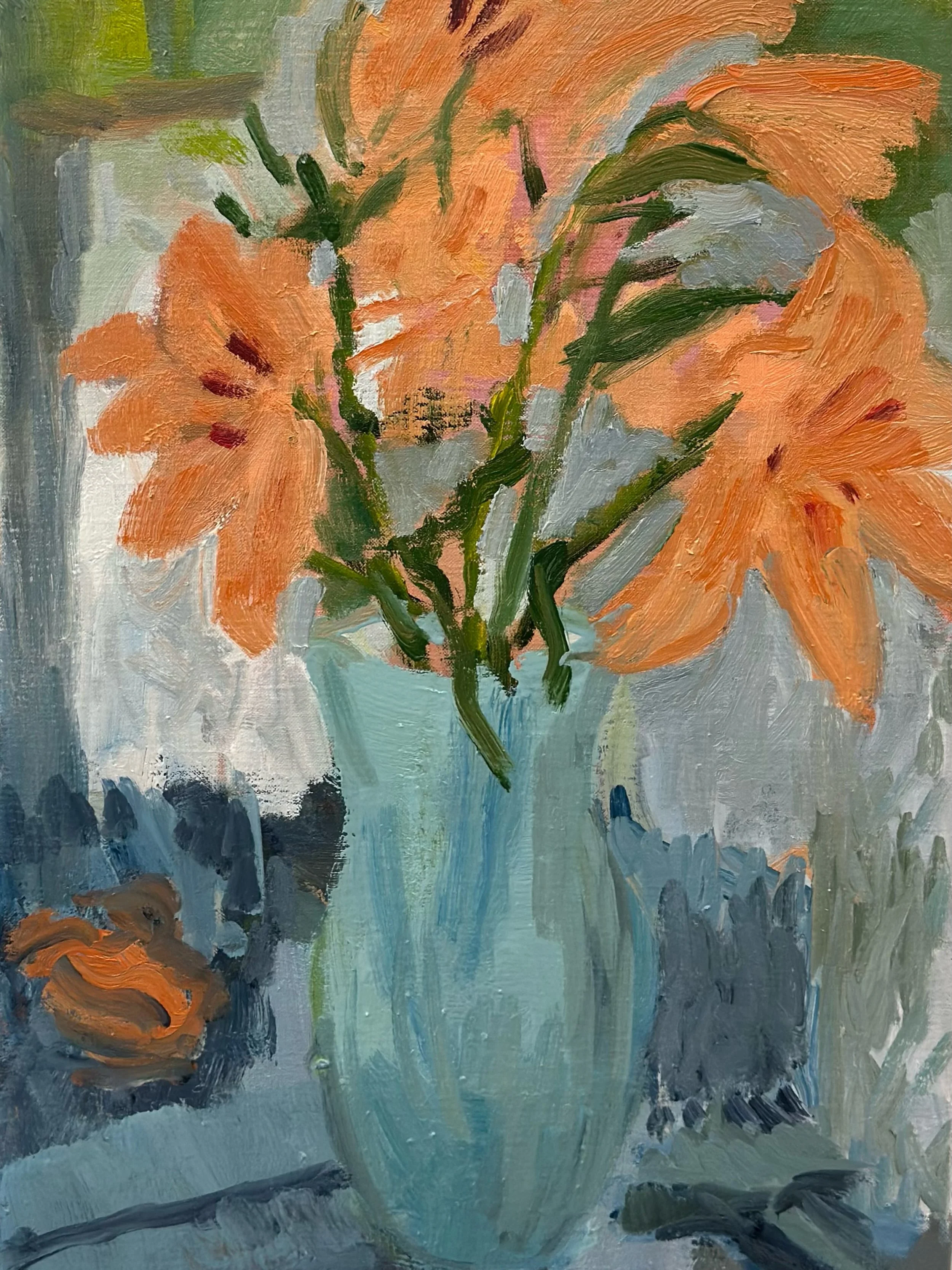 My mother passed away recently. I always brought her fresh flowers when she was getting weaker.
These flowers were given to me to cheer me up ,by a friend, at one of my Monday Drawing sessions.
I painted them as they were transforming  and dying. I n