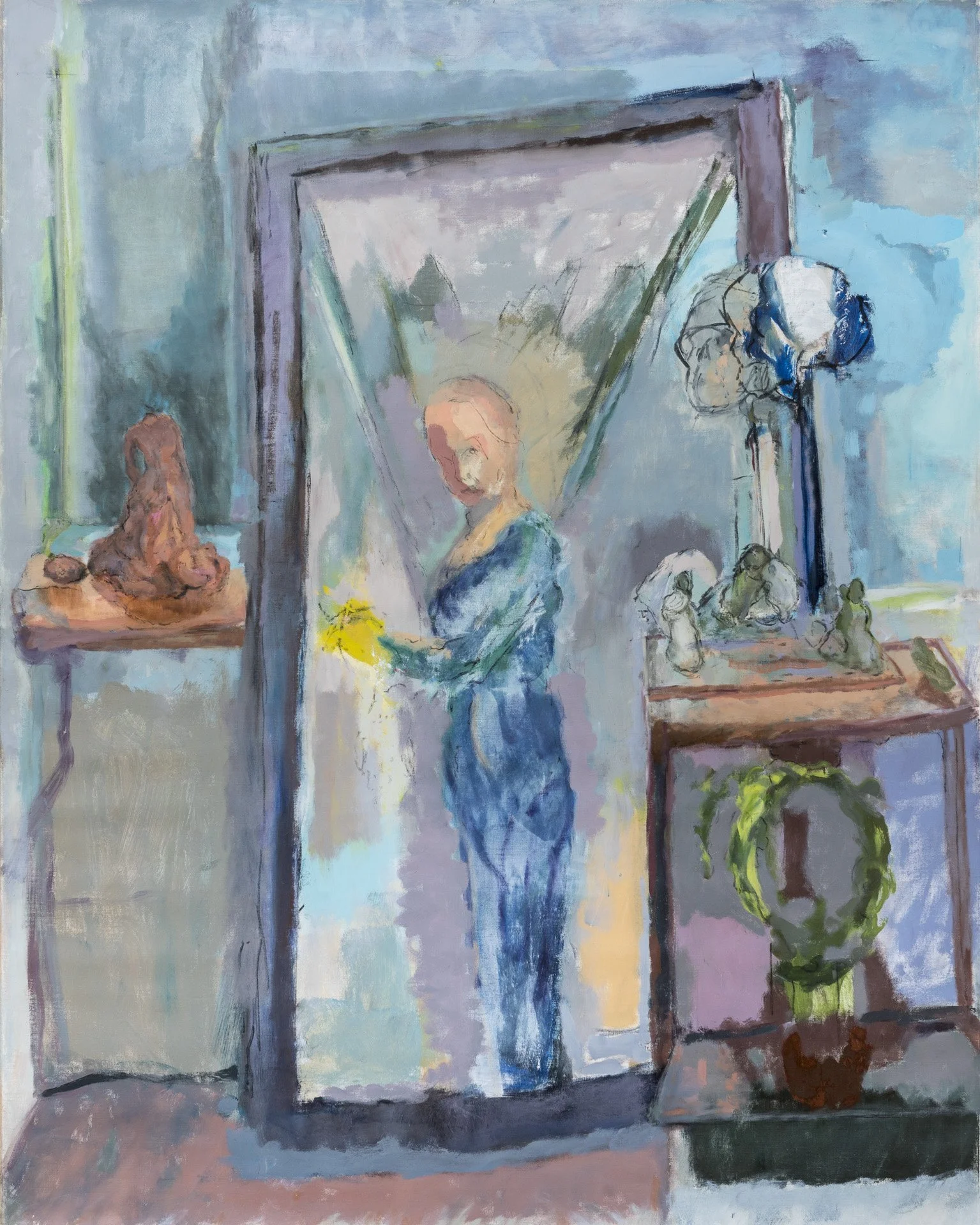 Painting: Herstories II Victory-selfie with skull, stones, figures, sculpture, wreath