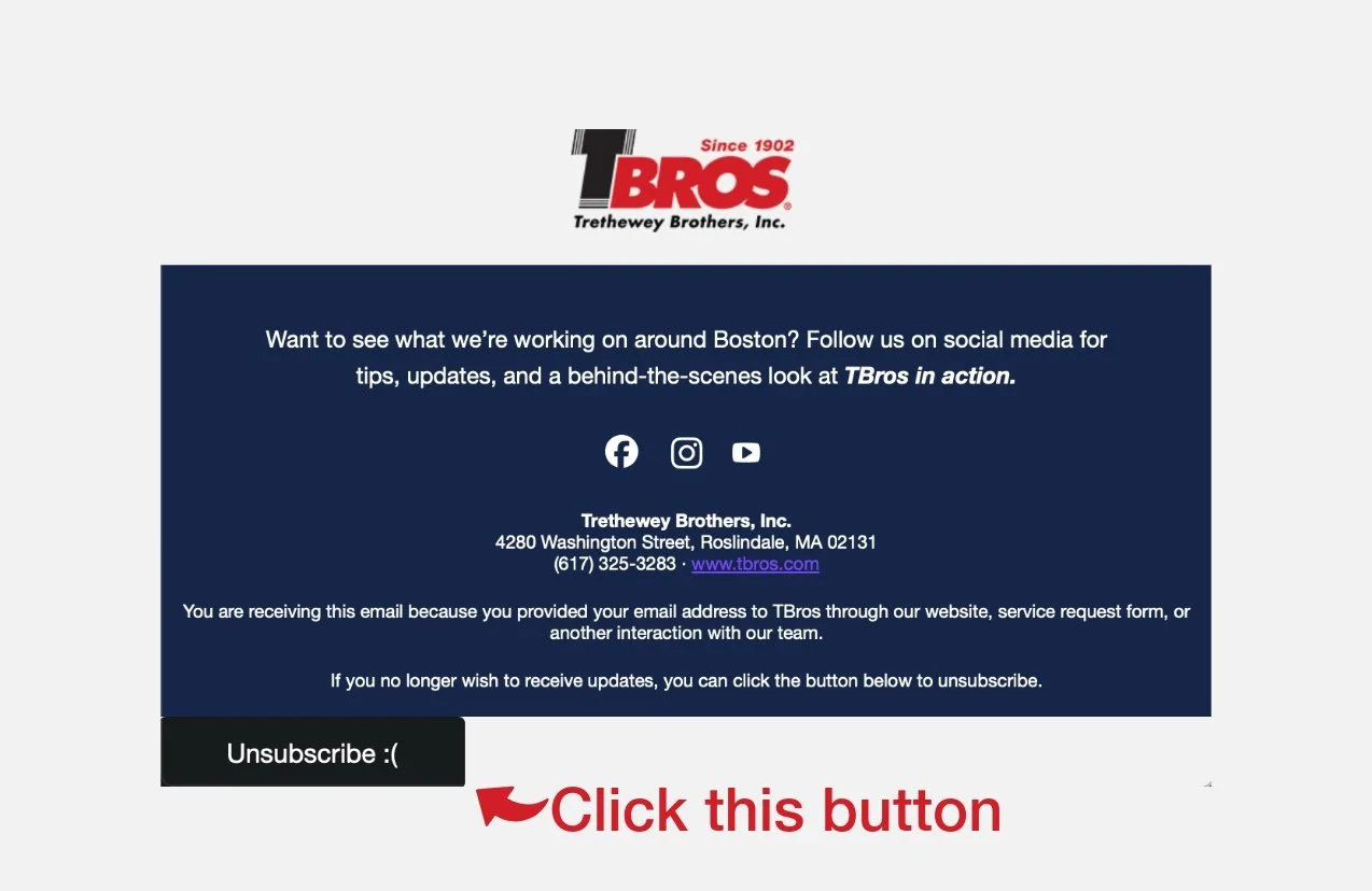 Example showing where to find the unsubscribe link at the bottom of a TBros email