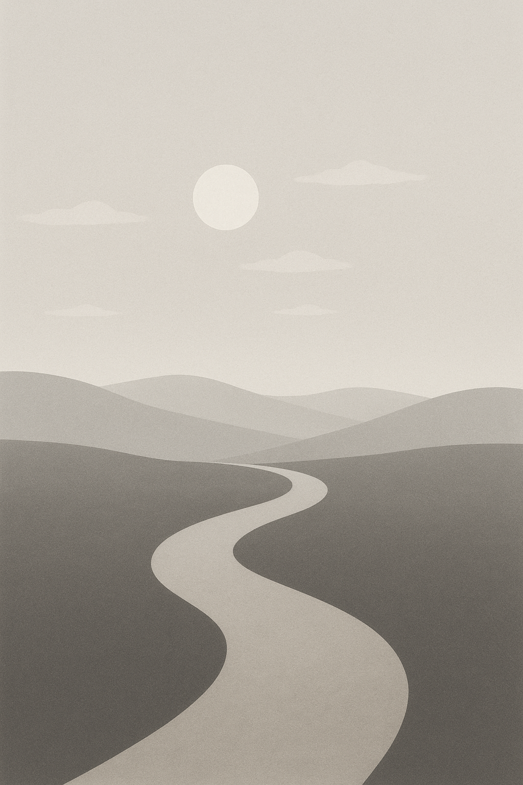 A minimalistic, grayscale landscape with rolling hills, a winding path, a round sun, and a few scattered clouds in the sky.