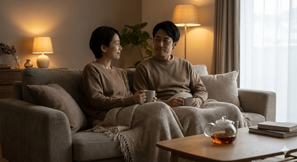 Two adults having a calm, thoughtful conversation, demonstrating emotionally regulated communication during a difficult time.
