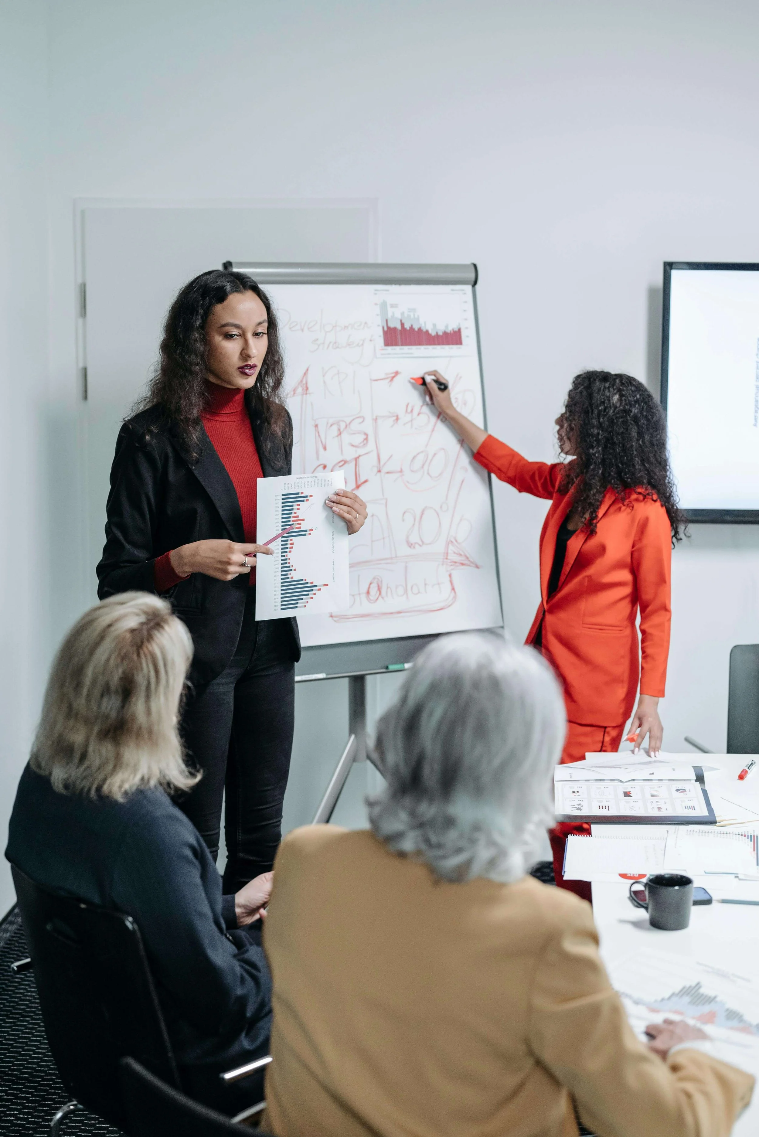 Two women presenting to a group in a business meeting with a whiteboard covered in charts and notes, and seated older women listening.