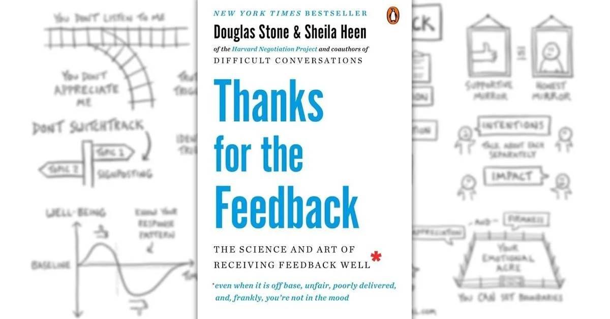 Book cover titled "Thanks for the Feedback" by Douglas Stone & Sheila Heen, with a subtitle about the science and art of receiving feedback well, published by Penguin, partly over a background of handwritten notes and illustrations related to feedback.