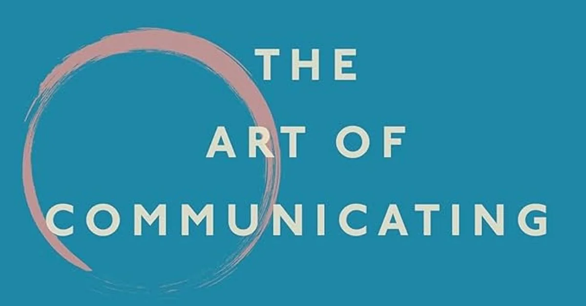Book cover titled 'The Art of Communicating' with a teal background and a pink and white circular brushstroke design.