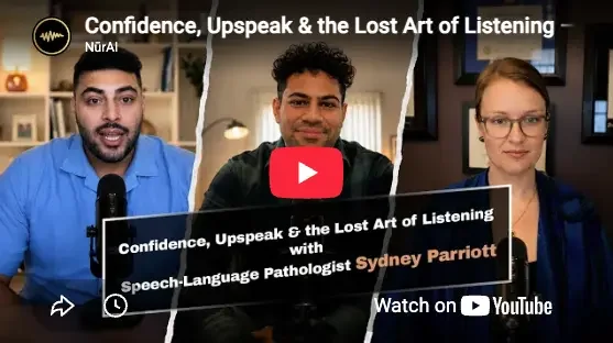 Screenshot of a virtual panel discussion titled 'Confidence, Upspeak & the Lost Art of Listening' featuring three speakers, including speech-language pathologist Sydney Parriott, with a YouTube play button overlay.
