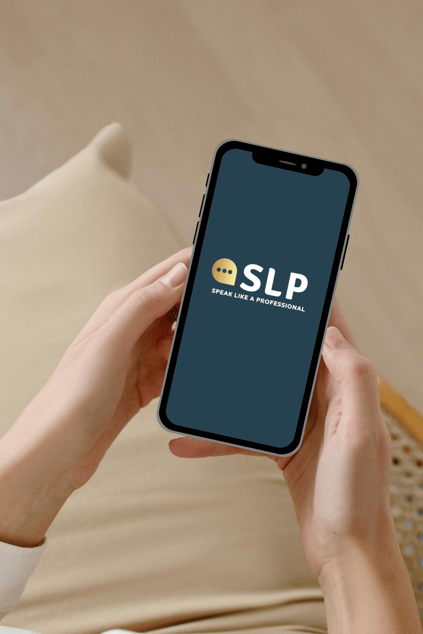 Person holding a phone with the SLP Instagram logo, indicating they follow Speak Like a Professional for communication coaching tips and speaking strategies.