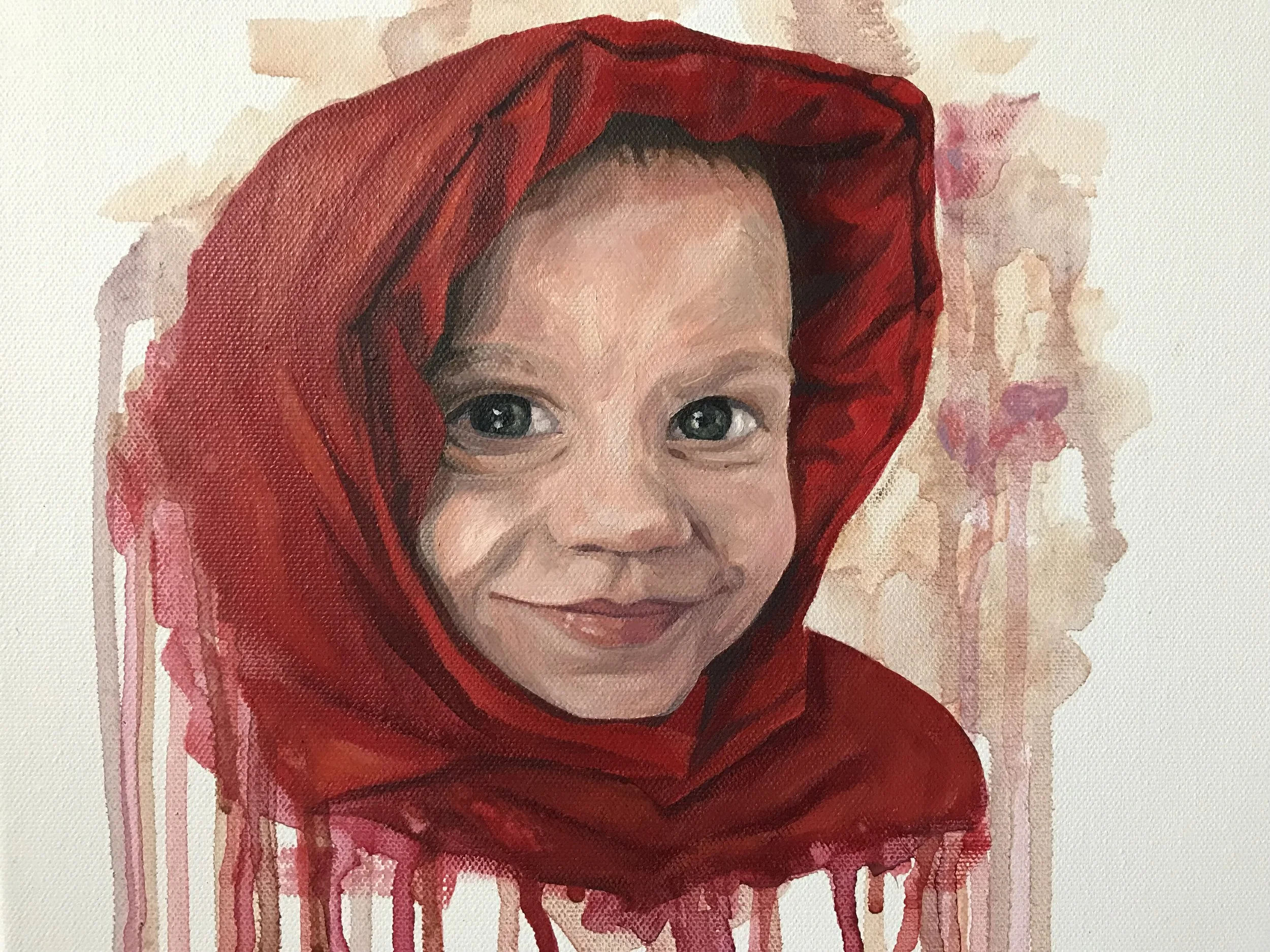 A watercolor painting of a smiling young girl with blue eyes and curly hair, wearing a red hood.
