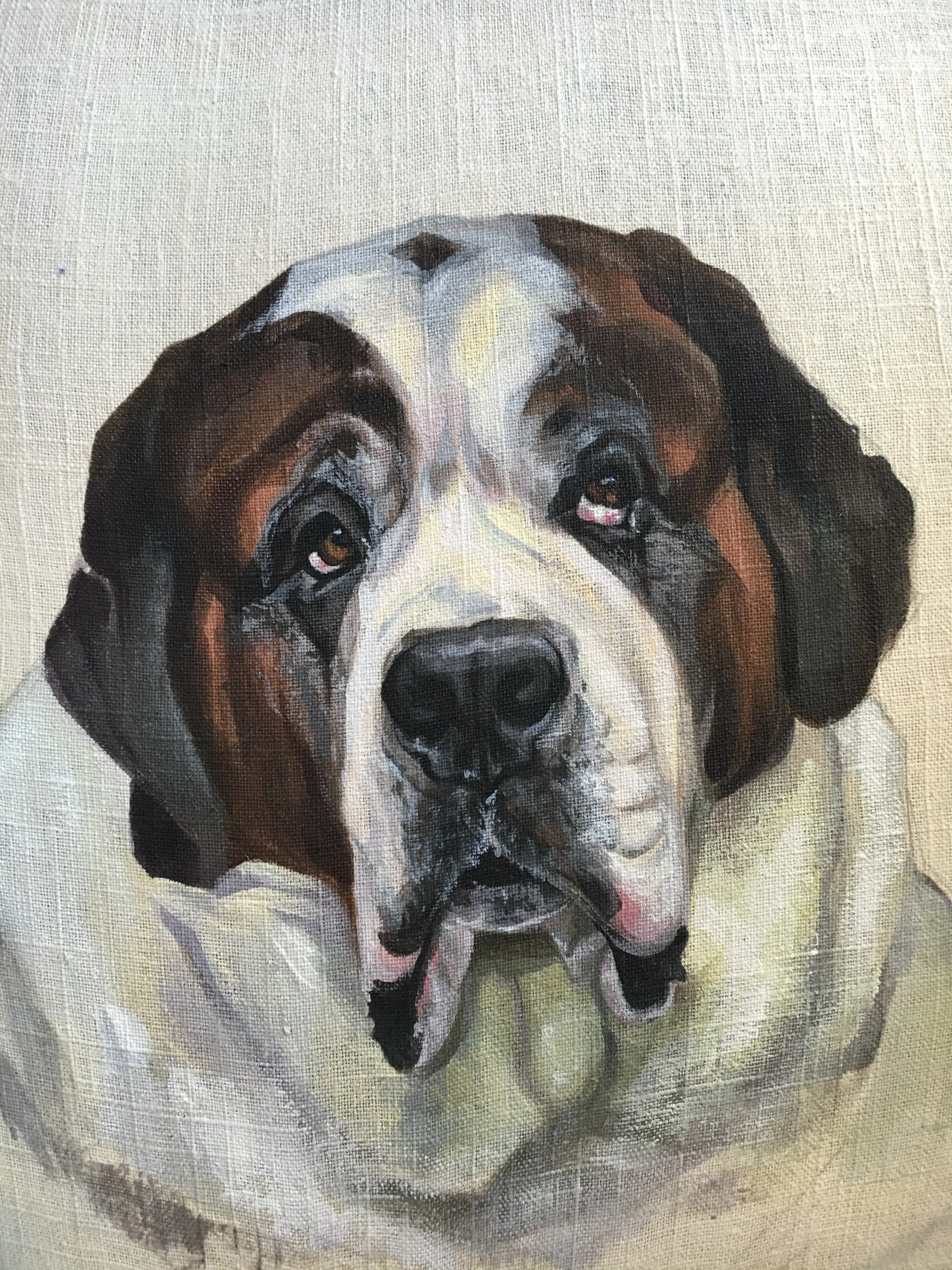 Painting of a large dog, likely a Saint Bernard, with brown, white, and black fur, looking directly at the viewer against a beige background.