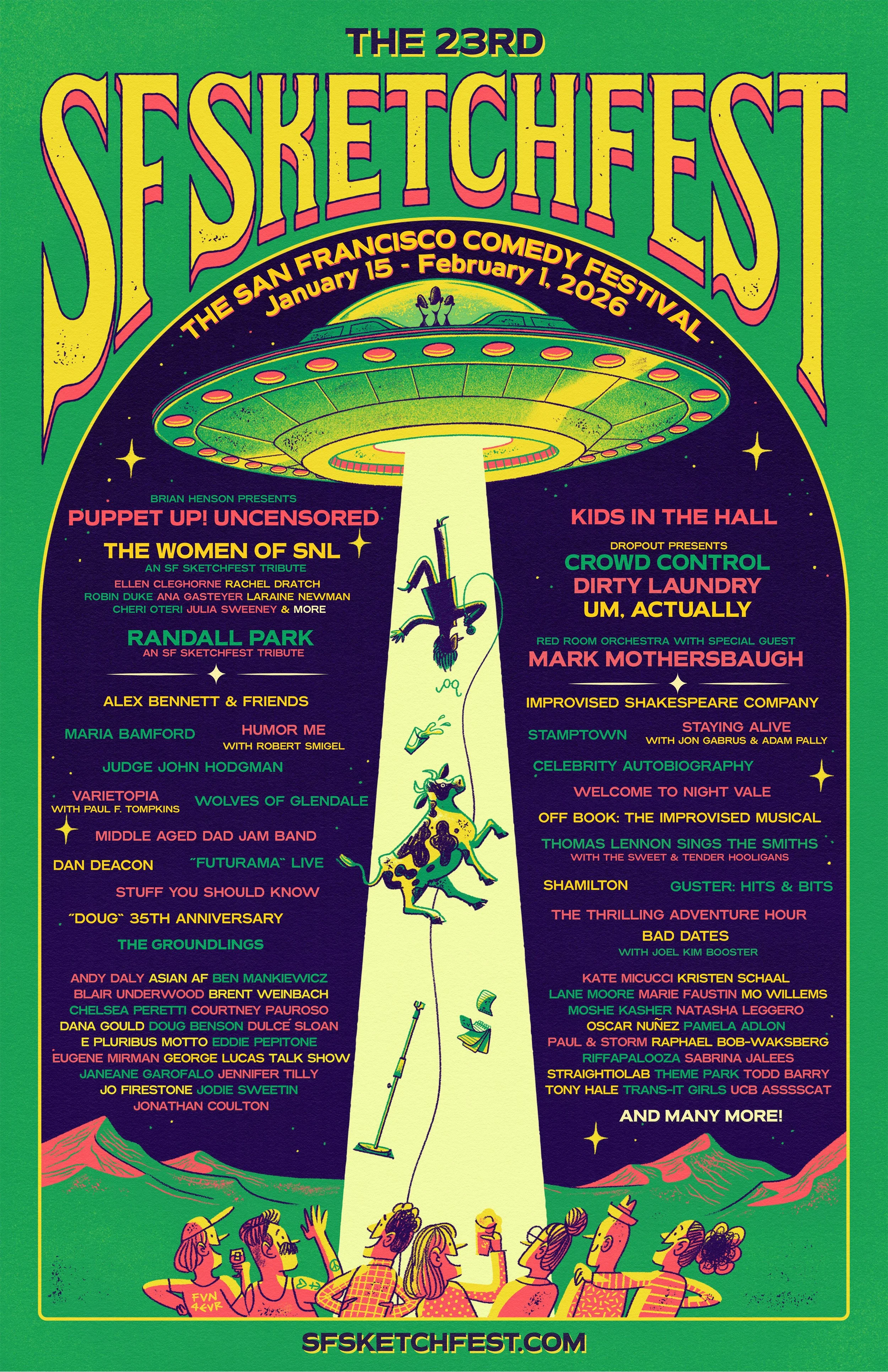 Client: SF Sketchfest
Project: Illustrated poster design & branding elements including hand-lettered type treatment for SF Sketchiest (The San Fransisco Comedy Festival) 2026