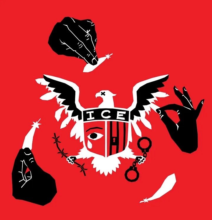 Three hands pluck feathers off an eagle in the style of the great seal of the United States. The eagle holds barbed wire and handcuffs. The shield on its chest reads ICE and displays an eye with a tear behind prison bars.