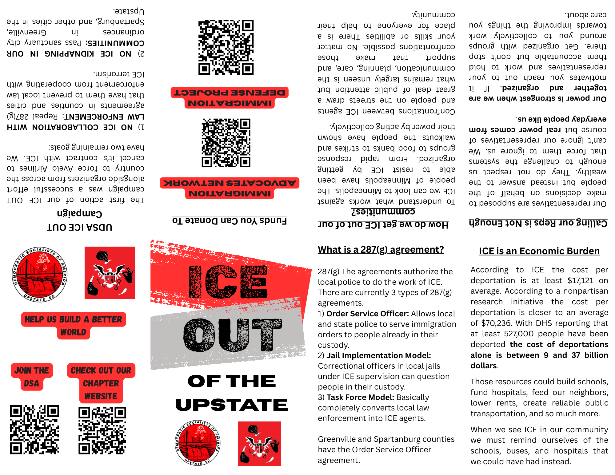A flyer from the Democratic Socialists of America Upstate chapter advocating for immigrant rights, featuring slogans like "ICE OUT OF THE UPSTATE" and "HELP US BUILD A BETTER WORLD" with QR codes and logos, and information about ICE and immigration policies.