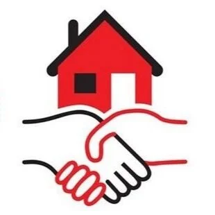 A graphic of a red house with a black roof, and two hands shaking below it.