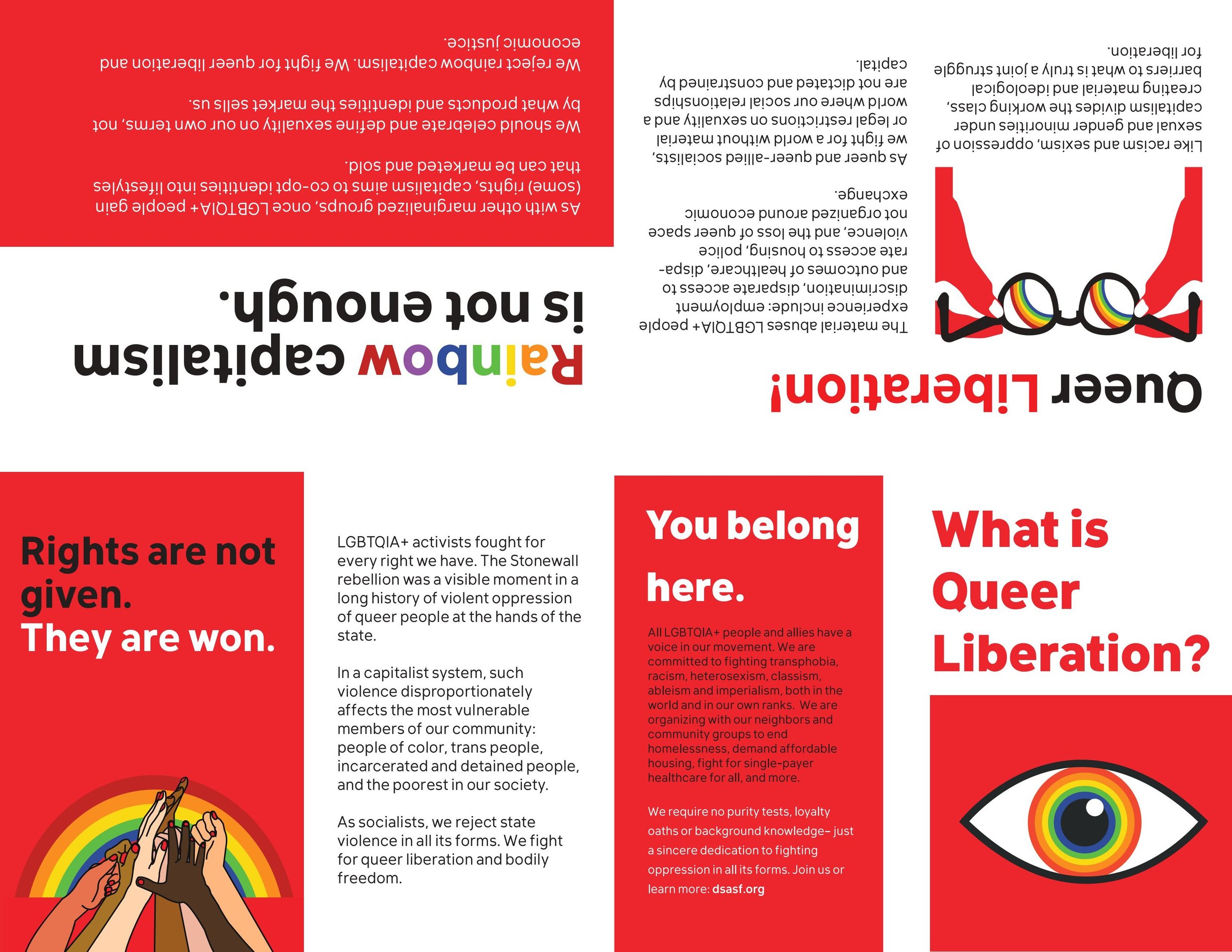 A colorful flyer promoting LGBTQIA+ rights, featuring rainbow-colored glasses and a rainbow flag, with text about fighting oppression, advocating for queer liberation, and supporting community organizing.