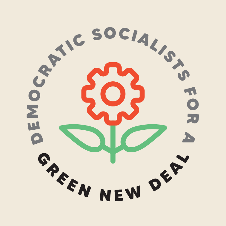 Logo featuring a gear and leaf design, with the text 'Democratic Socialists for a Green New Deal' in a circular pattern around it.