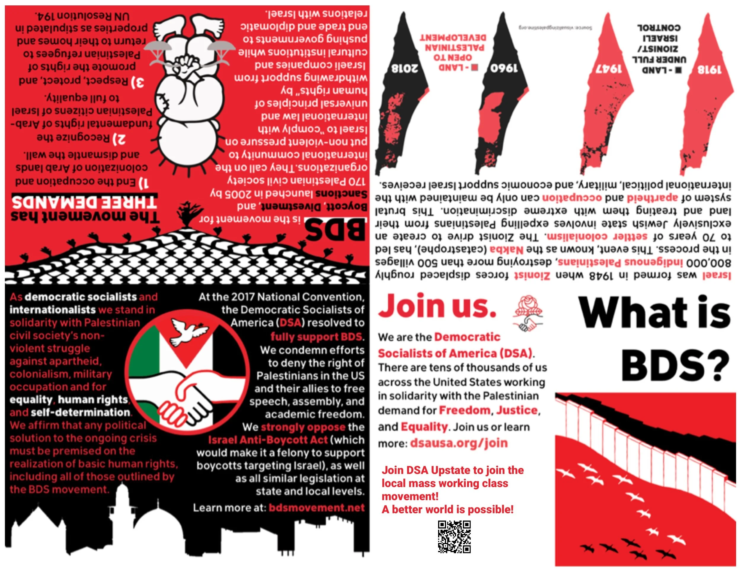 A political flyer with red, black, and white colors, featuring a cartoon character with a heart, wings, and a banner. The flyer discusses support for Palestinian rights, Palestinian resistance, and opposition to Israeli policies and legislation. It includes information about joining the Democratic Socialists of America (DSA) and has a QR code at the bottom.