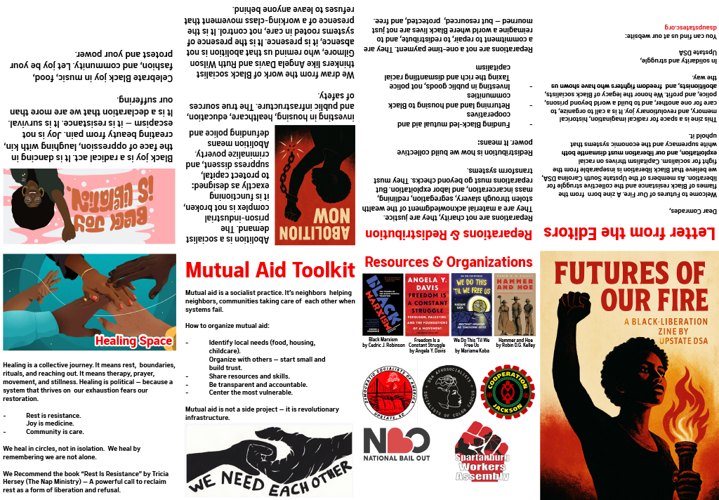A collage of four different posters and book covers. The first features a woman symbol with the text 'Black Girl is Stealing!'. The second shows a silhouette of a person running with the text 'Reparations & Redistribution'. The third is about mutual aid toolkit with images of hands and texts on community support. The fourth is a book cover titled 'Futures of Our Fire' with a Black woman holding a torch.