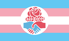 Symbol of two hands shaking over a pink and blue background. The circle contains a rose and a leaf. The background has pink and blue stripes.