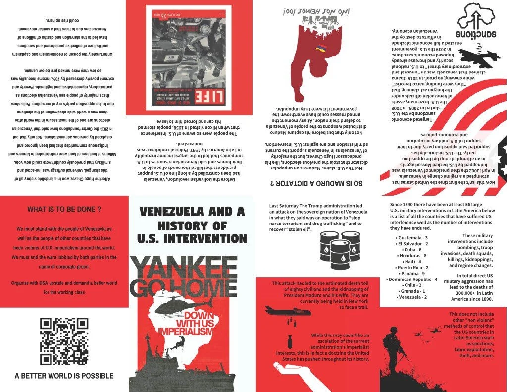 A political flyer with anti-U.S. intervention messages regarding Venezuela. It includes a map of Venezuela, a photo of military equipment, and various sections discussing U.S. military actions, with an emphasis on sovereignty and opposition to imperialism.