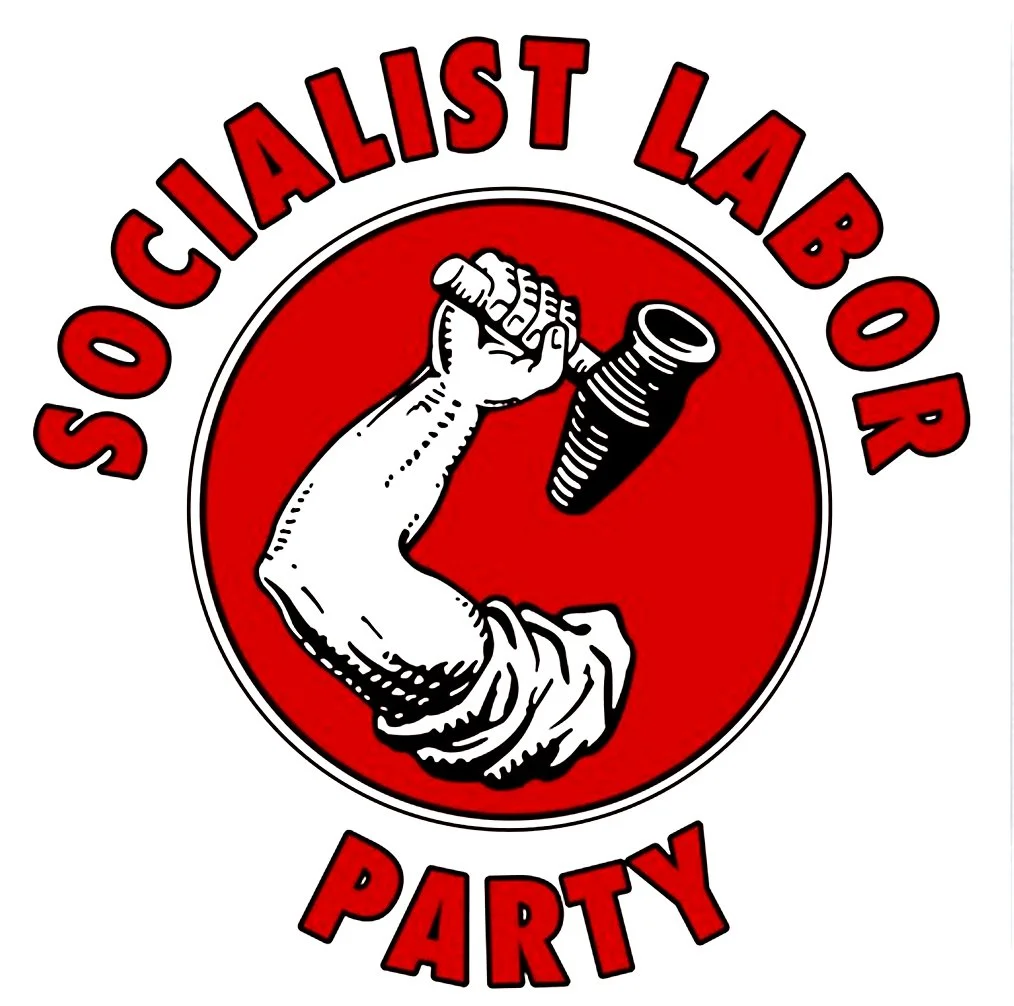 A logo with a red circle background featuring a black and white illustration of a muscular arm holding a piece of paper or cloth. The text "SOCIALIST LABOR PARTY" is curved around the top of the circle, and the word "PARTY" is curved around the bottom, both in bold red letters.
