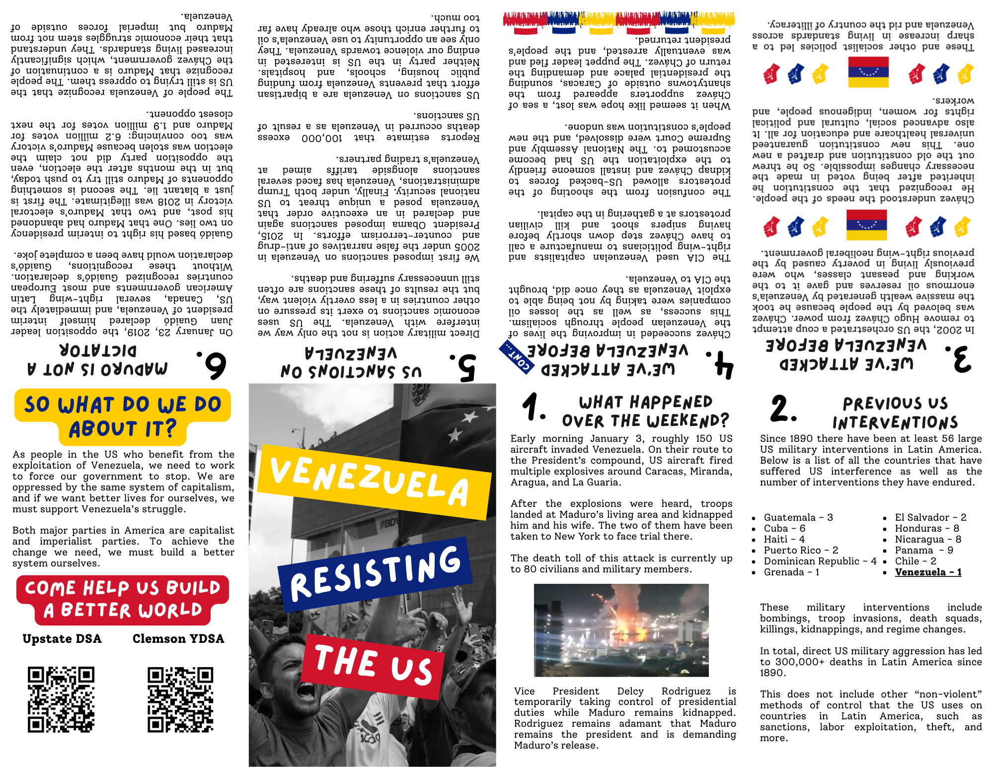 A collage of text and images related to Venezuela's political situation, including protest signs, Venezuelan flags, and article snippets discussing recent events and US intervention in Venezuela.