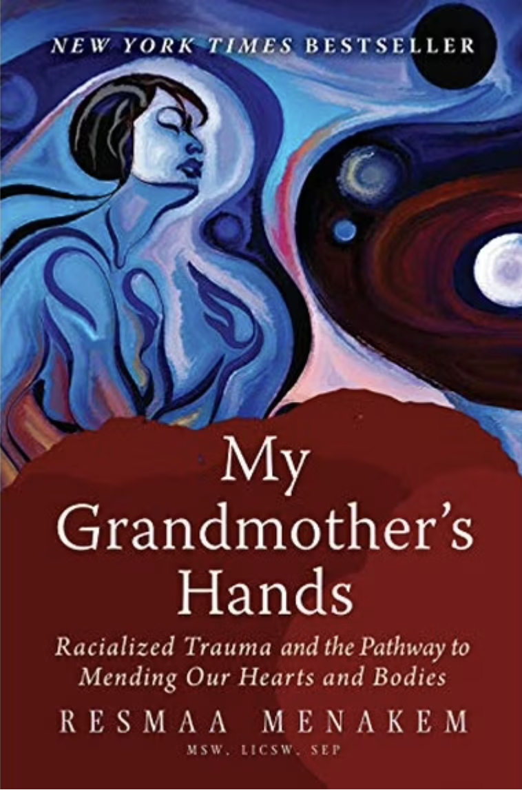 Book cover of 'My Grandmother's Hands' featuring a painted illustration of a woman with short dark hair and closed eyes, with swirling background in blue, purple, and black, and a red shape in the foreground.