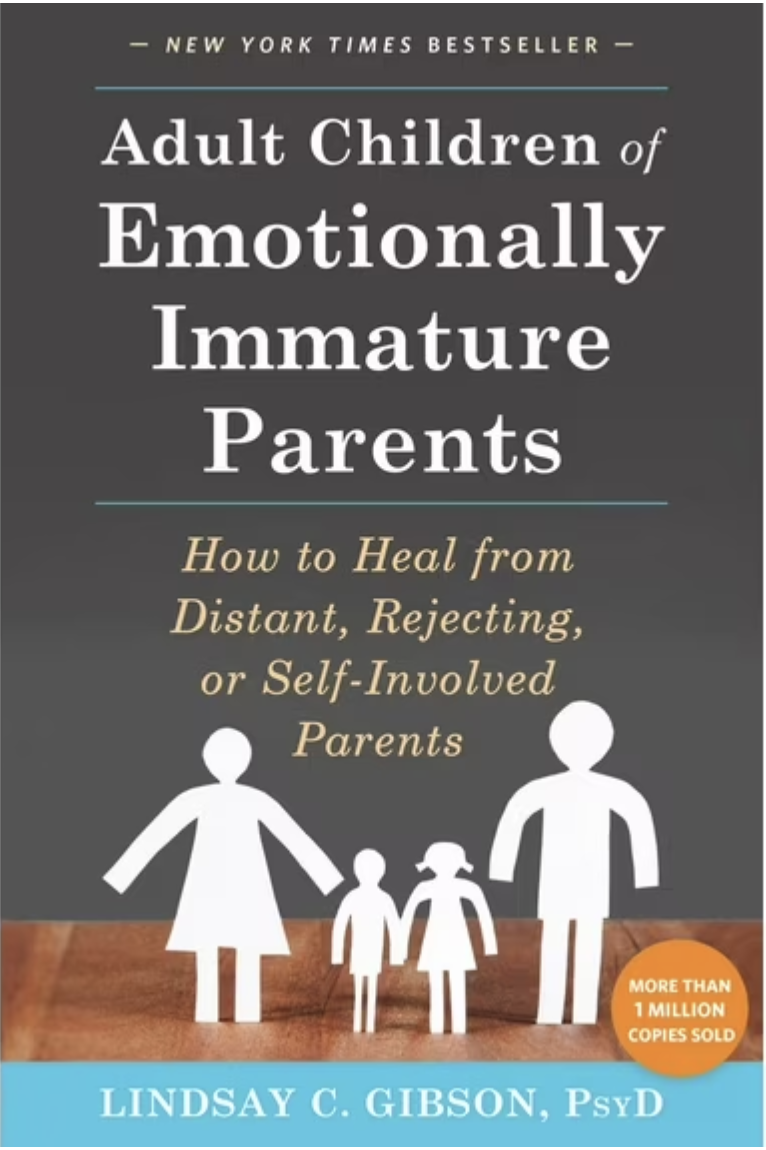 Book cover titled "Adult Children of Emotionally Immature Parents" by Lindsay C. Gibson, PsyD. The cover features an illustration of a family with parents and children, and a note that more than 1 million copies sold.