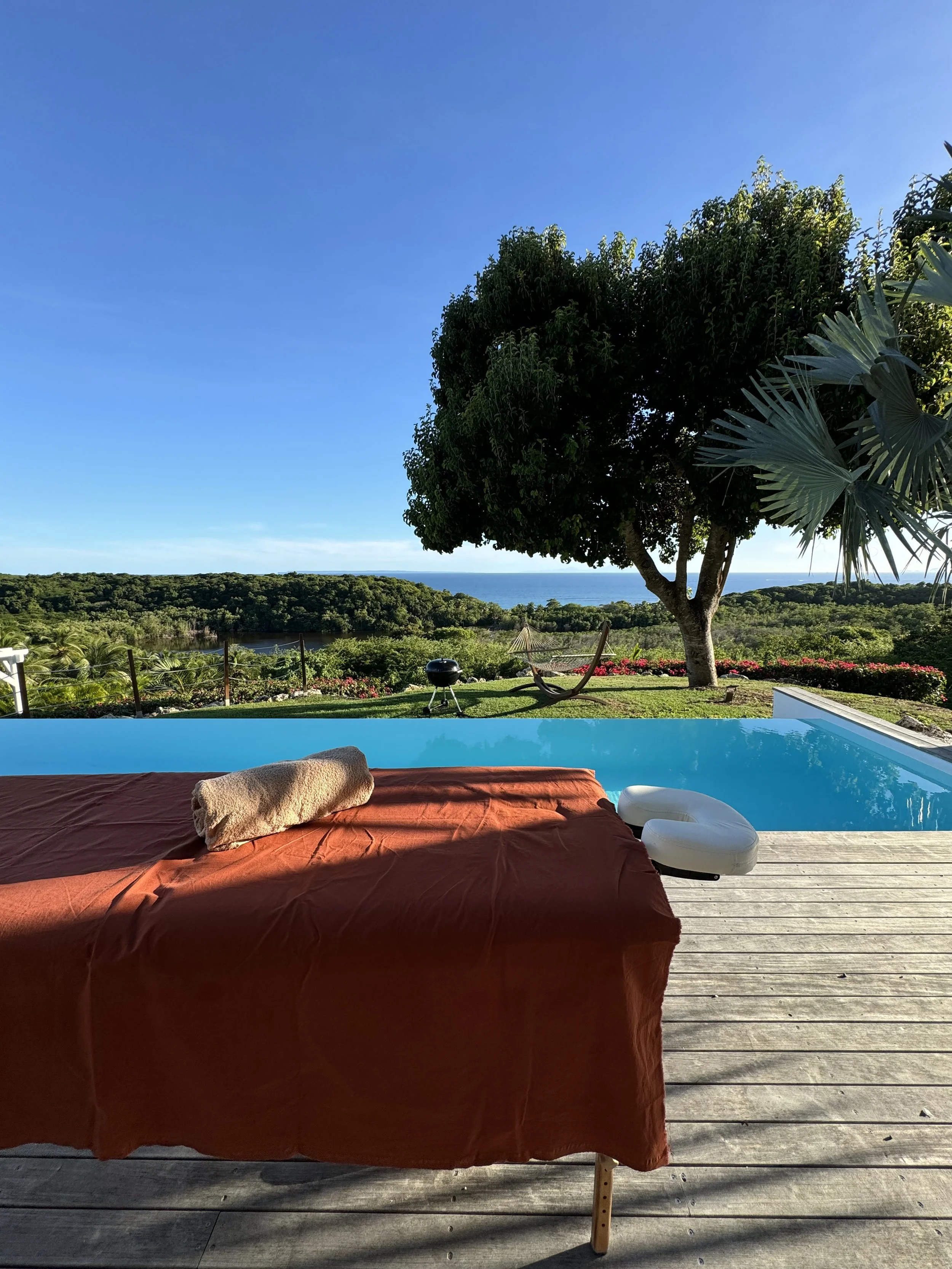Un lit ou un canapé avec une couverture orange et une serviette beige, situé sur une terrasse en bois, avec une vue sur la nature, des arbres, un barbecue, un hamac, des fleurs et l'océan en arrière-plan, sous un ciel bleu.
