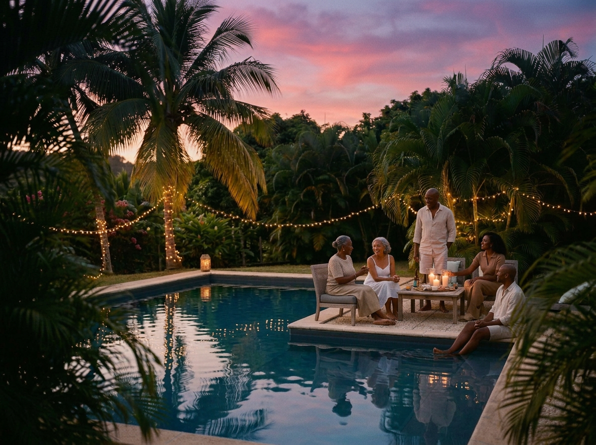 Groupe de cinq personnes âgées profitant d'une soirée près de la piscine, entouré de palmiers et de lumières de fête au coucher du soleil.