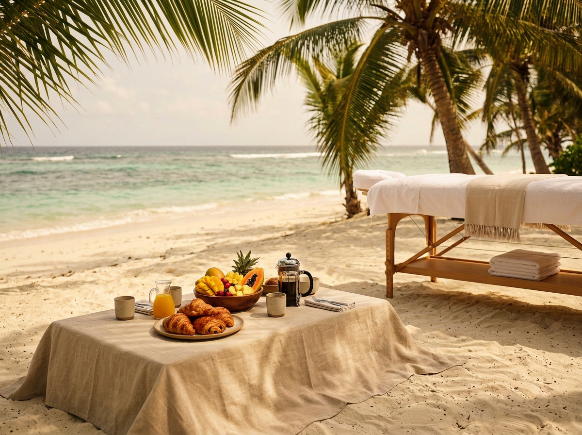 Petit déjeuner sur la plage avec fruits, croissants, café, jus d'orange, dans un décor tropical avec palmiers et vue sur la mer.
